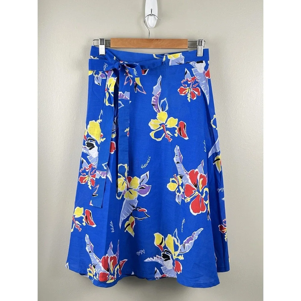 Lake Barrine Vtg Hawaiian Wrap Midi Skirt‎ Blue Floral One Size